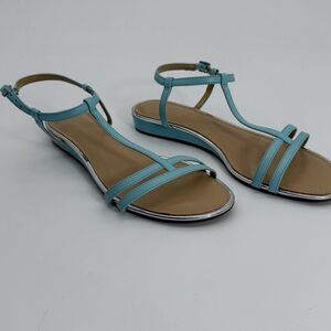 Talbots Womens 7 Aqua Turquoise Minimalist Strappy Sandals Flat Ankle Strap NIB